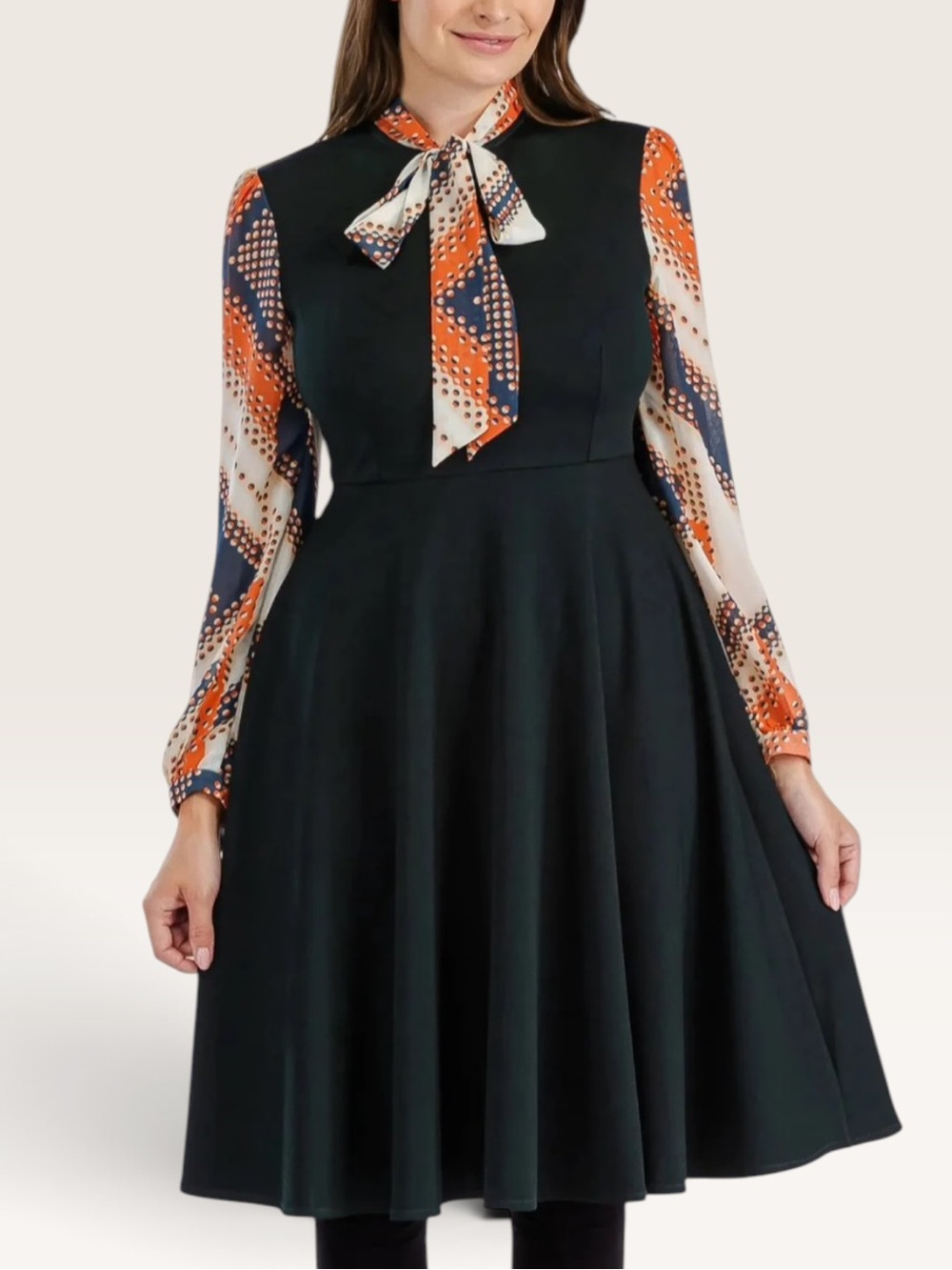 Tulip B Dark olive green Fit-and-Flare Dress with Orange Patterned Tie Medium